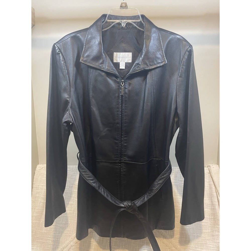 Worthington Women's Black Leather Zip Front Belted Lined Collared Jacket XL